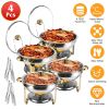 4Pcs Chafing Dish Buffet Set 4.76QT Round Buffet Servers Food Warmer Stainless Steel Catering Chafer With Glass Lid For Warming Cooling Gatherings Ban