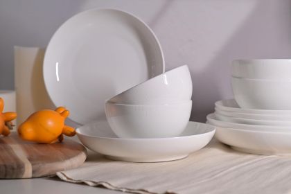 Setaria Bone China Dinnerware Set, 12 Pieces, Service For 4, Plates, Dishes, Bowls Set, Microwave And Dishwasher Safe, Ivory White With Narrow Curve S