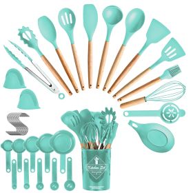 4 Colors Options -- Set Of 35Pcs Kitchen Cooking Utensils Set Spatula Set Baking Utensil Set Kitchen Accessories Necessities With Holder Egg Whisk Sep (Color: green)